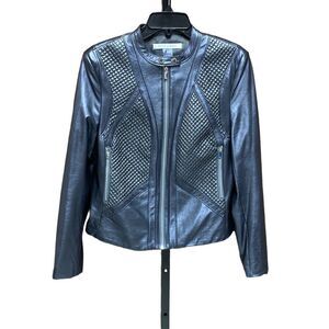 Peter Nygard Grey Iridescent Moto Faux Leather Jacket Size 8 NWOT